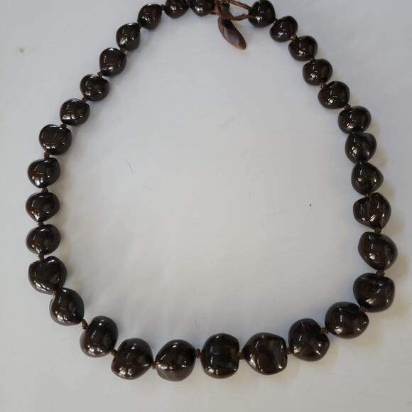 Chunky Brown Shell Necklace Natural Bead Jewelry with Ribbon Tie Boho Statement - Picture 3 of 10